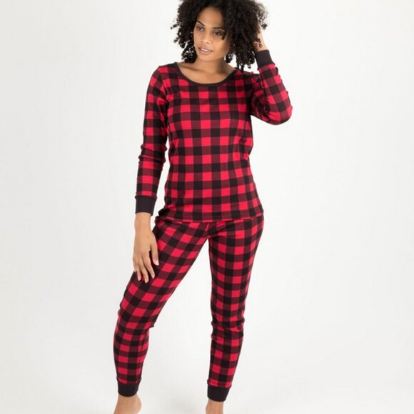 Leveret Womens Two Piece Cotton Pajamas Plaid Black and Red M - Picture 1 of 4